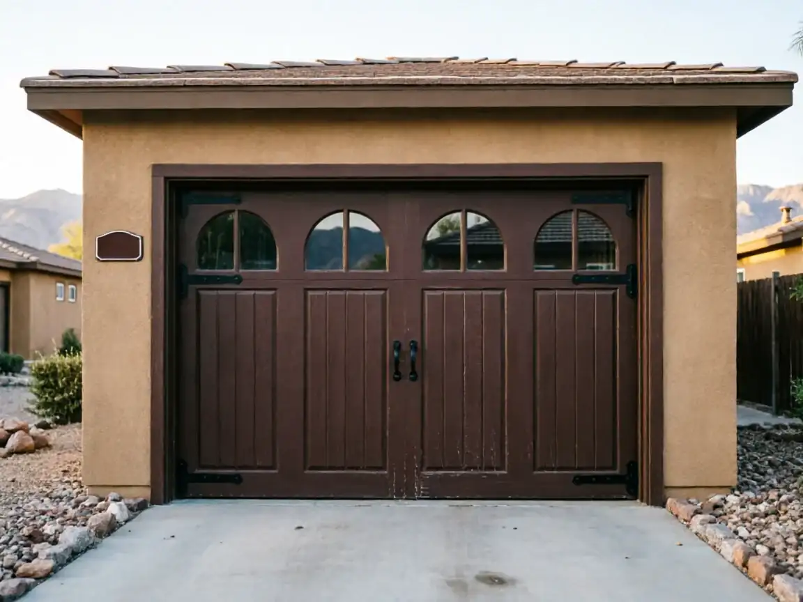 A brown garage door with arched windows and black hardware on a tan stucco garage.