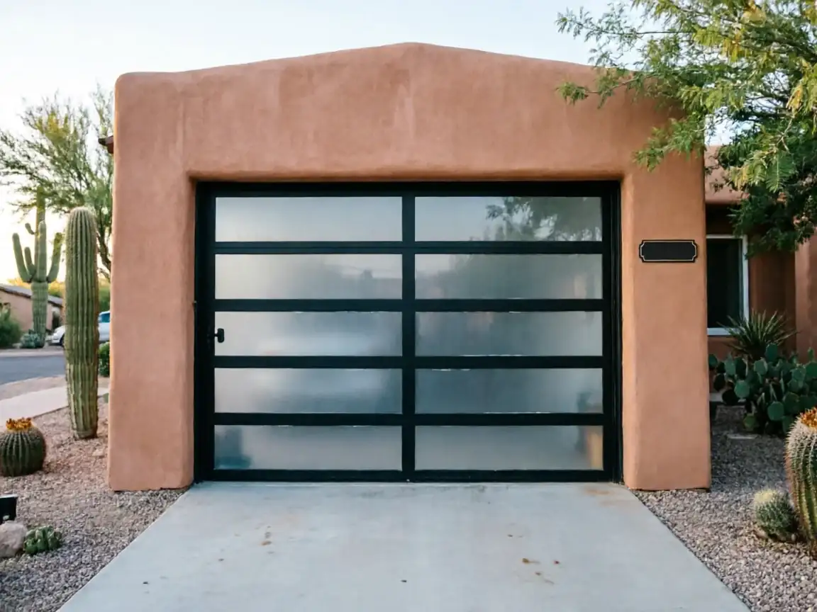 A modern garage door with frosted glass panels on a stucco house.