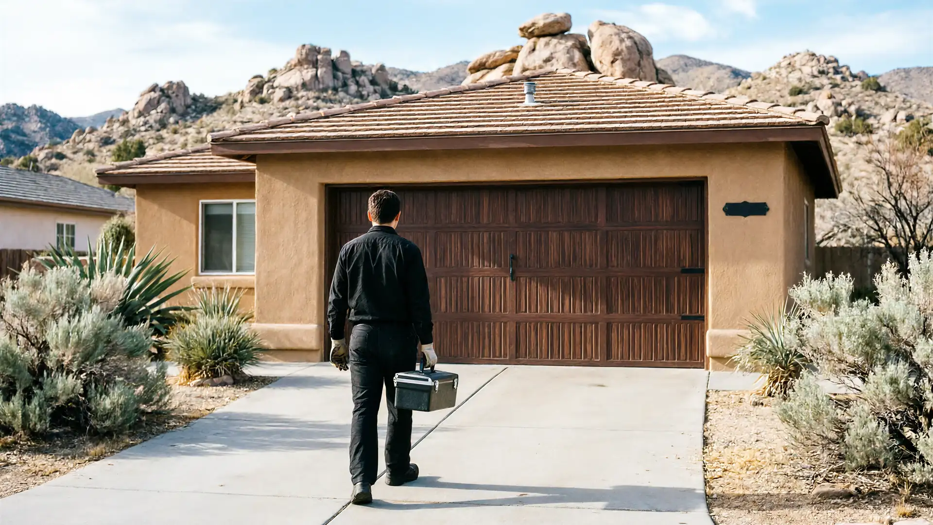 A technician walks toward a house with a brown garage door, carrying a toolbox.