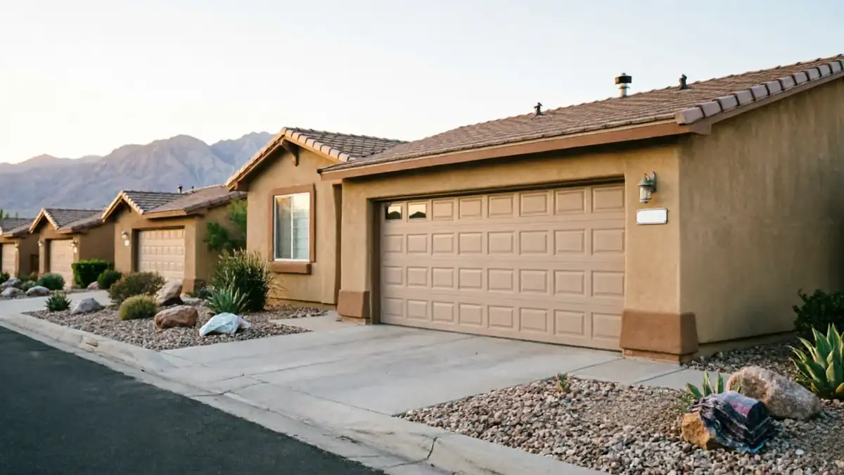 A row of houses with tan garage doors and desert landscaping.