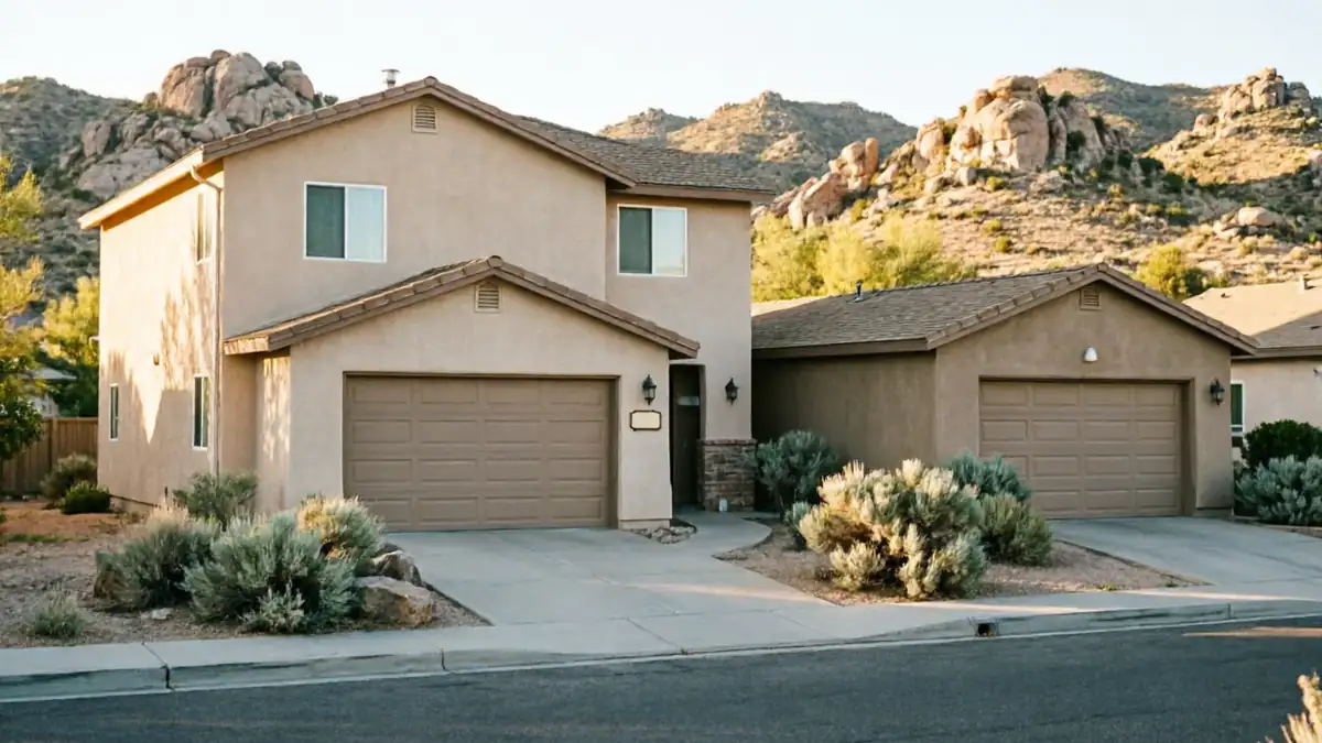 Two houses with brown garage doors sit in front of rocky hills.