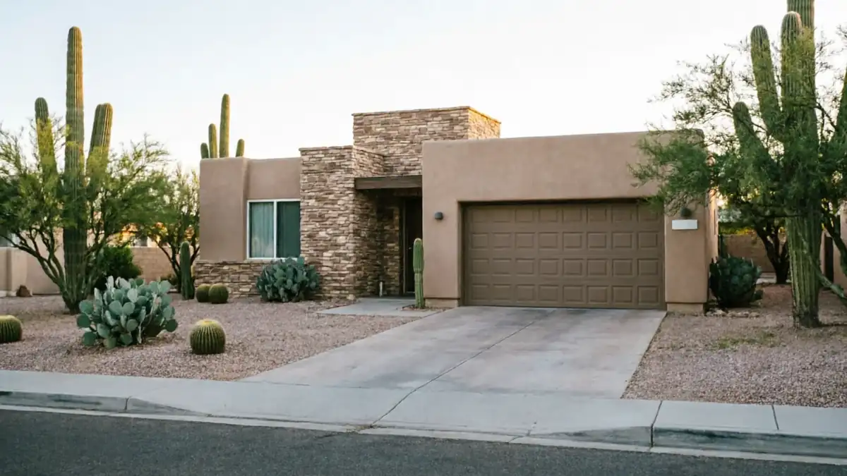 The house has a brown garage door, a stone facade, and desert landscaping.