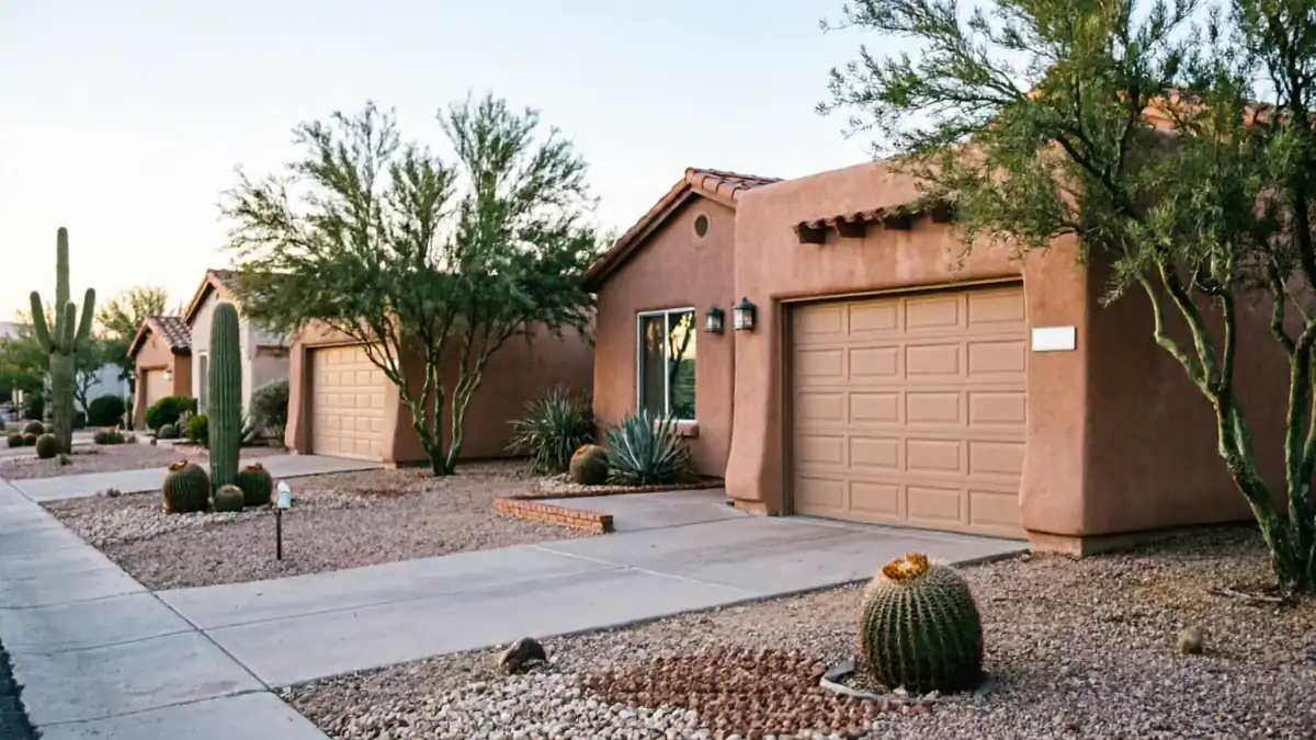 A row of stucco houses with tan garage doors and desert landscaping.
