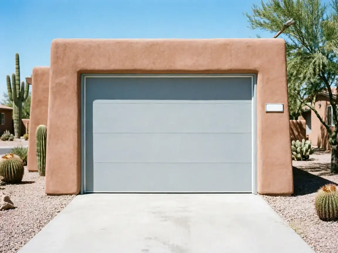 A light gray garage door is set into a stucco house with desert landscaping.