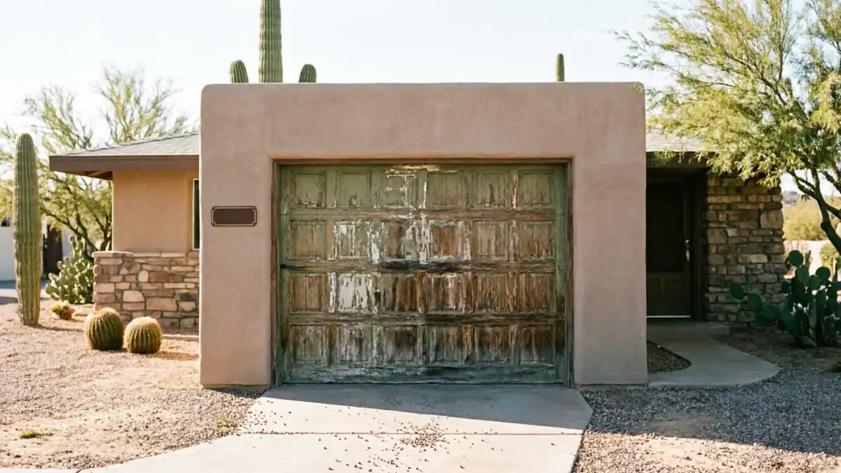 The house has a weathered green garage door with peeling paint and stucco walls.