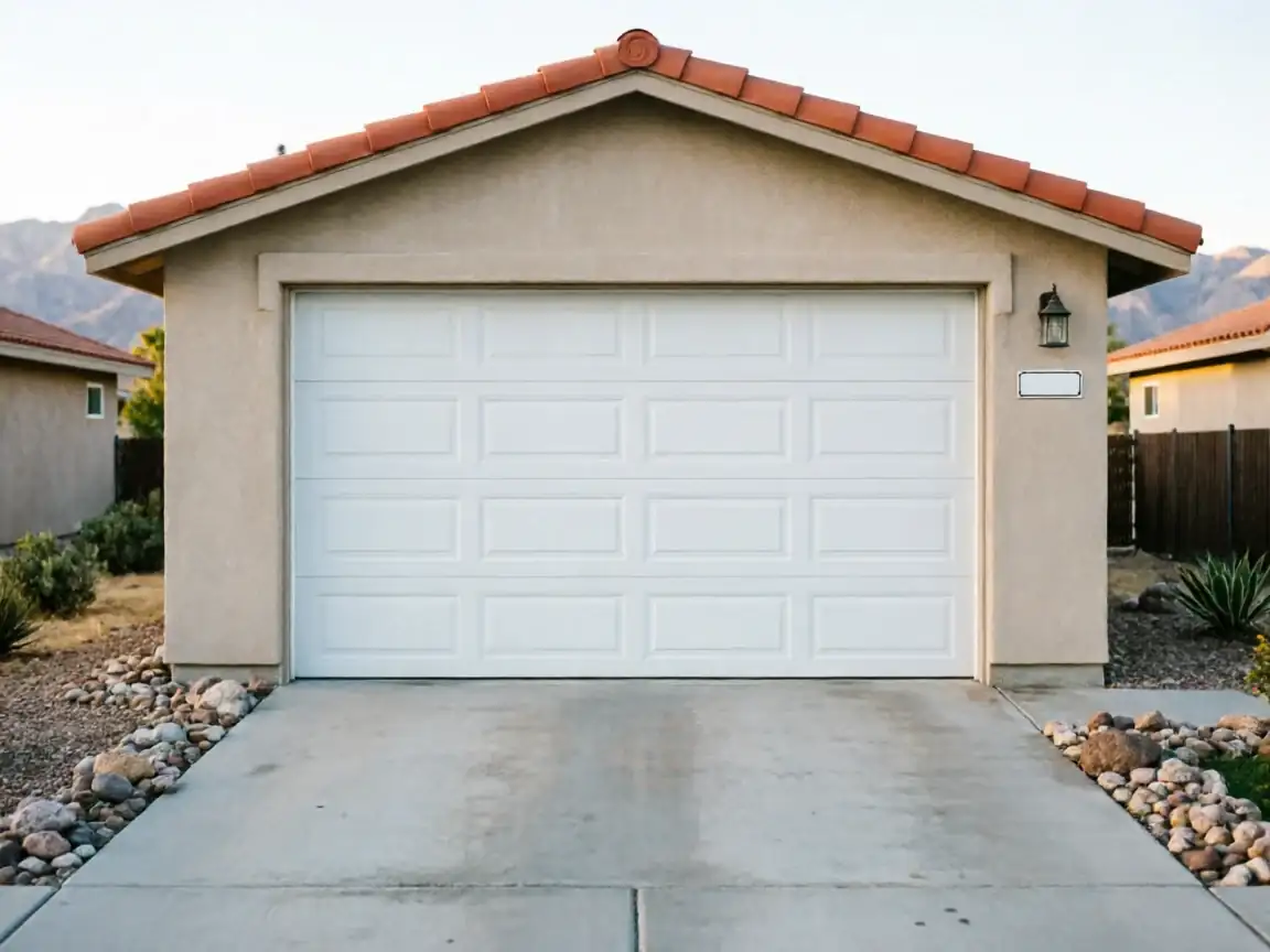 A white paneled garage door on a tan house with a red tile roof.